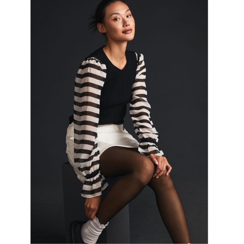 ANTHROPOLOGIE Maeve black and white cable knit contrast sweater M - Picture 2 of 11